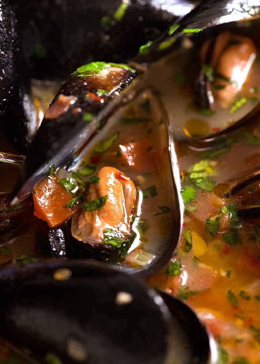 Close up of Mussels with Garlic White Wine