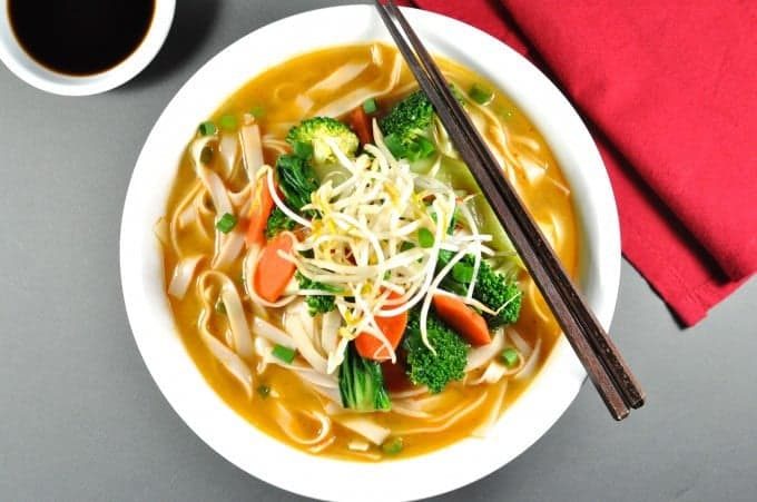 Vegetarian Dan Dan Noodle Soup - on the table in 15 min, < 300cal, it's a flavour explosion in a bowl. I want the soup stock on tap!