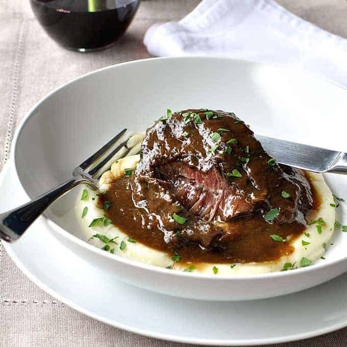 Slow cooked beef cheeks on mashed potato