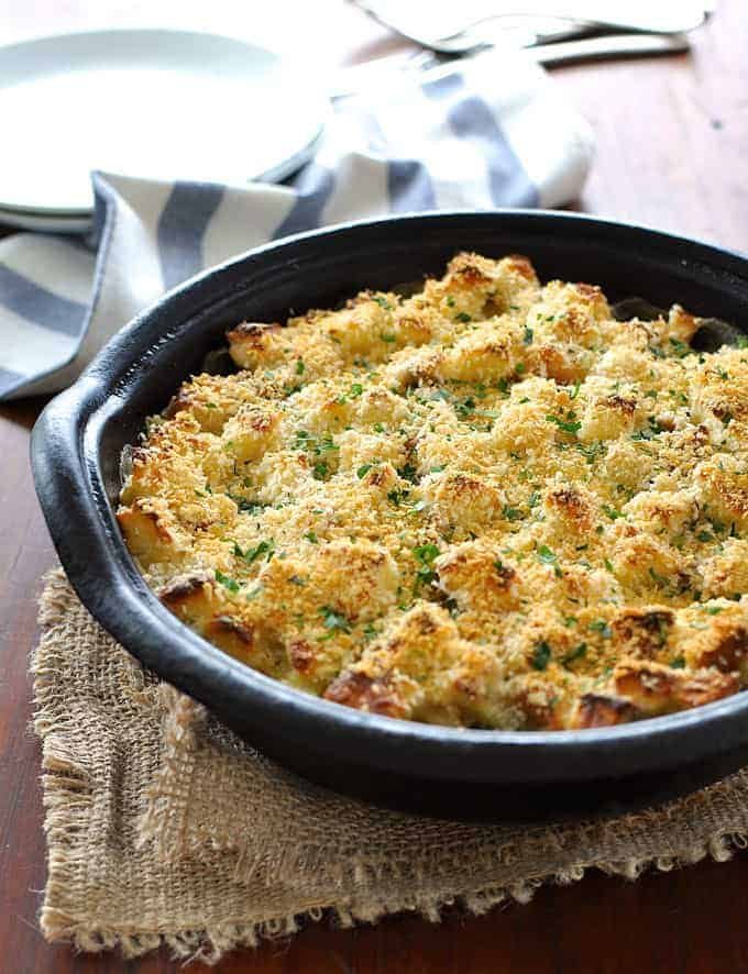 Chicken and Broccoli Strata in cast iron baking dish