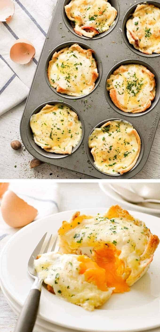 Muffin Tin Breakfast Croque Madame Toastie Cups in muffin tins, ready for serving.