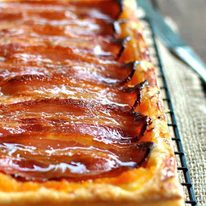 Maple Bacon Pumpkin Tart - double layer of puff pastry topped with mashed pumpkin and bacon, brushed with maple syrup. Just 10 min prep.