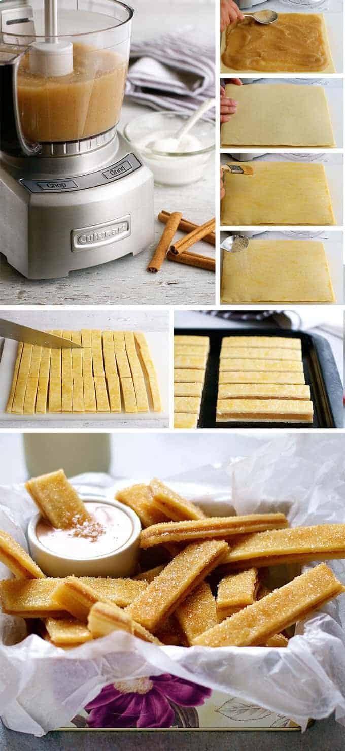 Baked Apple Pie Fries with Salted Caramel Dipping Sauce - everything you love about apple pie, in mini bite size form. Easy to make, fun to eat!