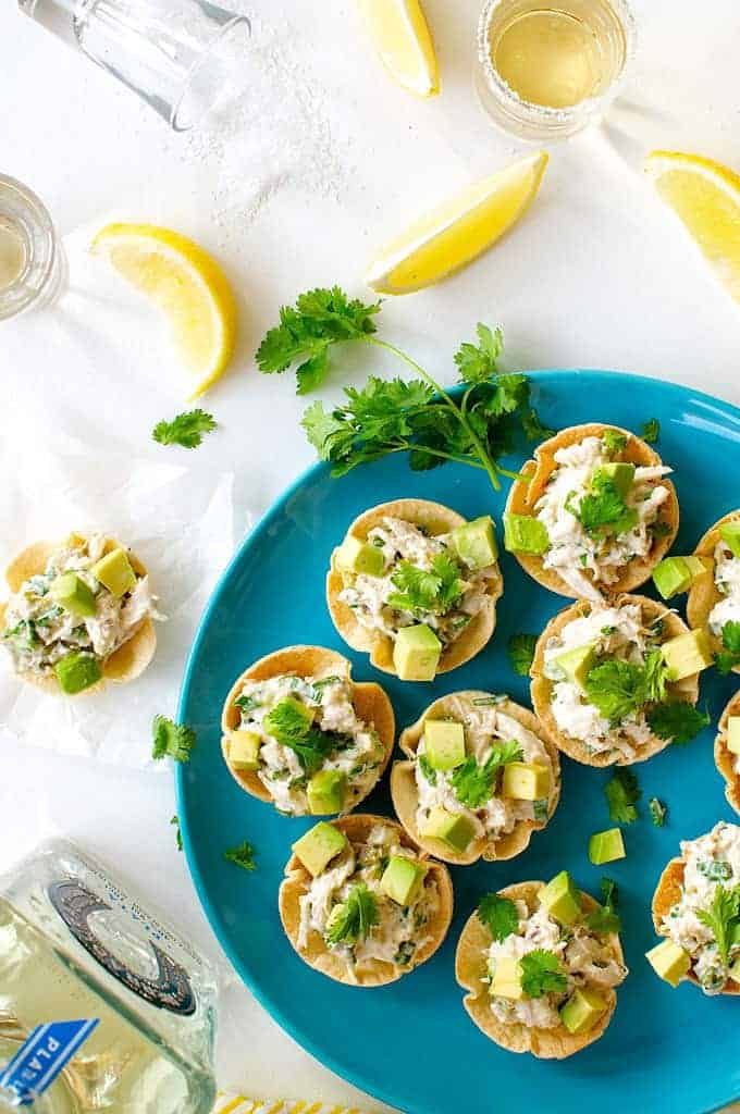 Spicy Little Muffin Tin Chicken Tostadas on a blue plate