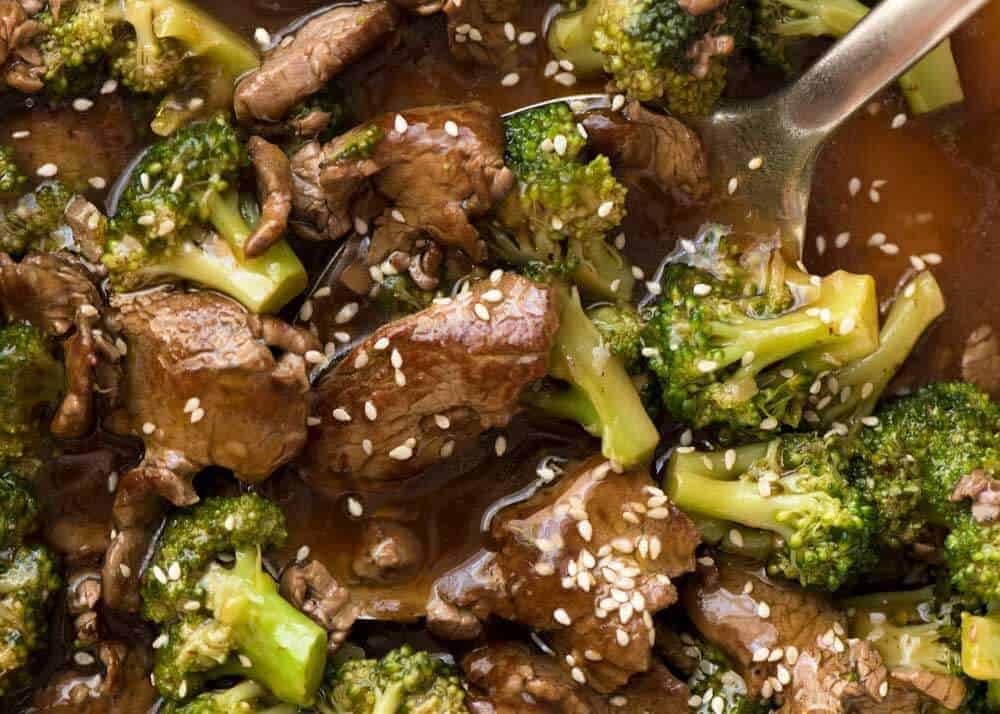 Close up of Chinese Beef and Broccoli in a skillet.