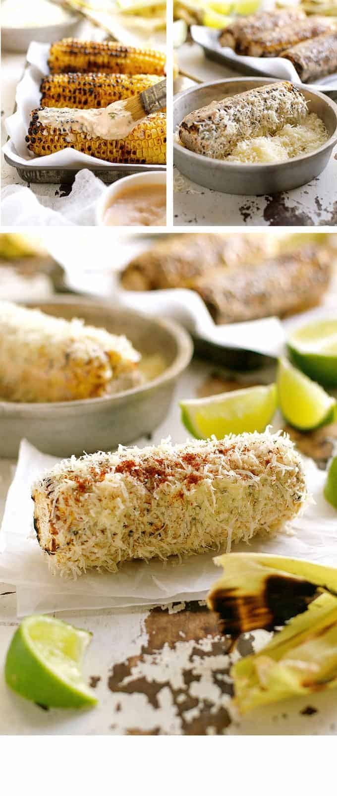 Painting Grilled Corn with Chipotle Adobo Mayo and rolling in Parmesan coating