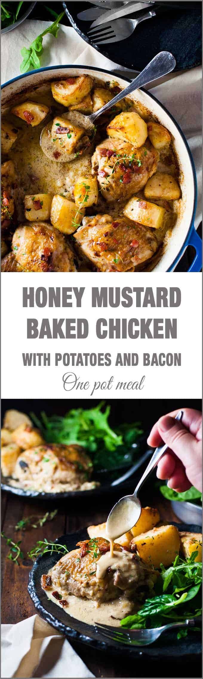 Honey Mustard Baked Chicken with Roast Potatoes and Bacon - all made in one pan! Easy enough for midweek, fancy enough for a dinner party!