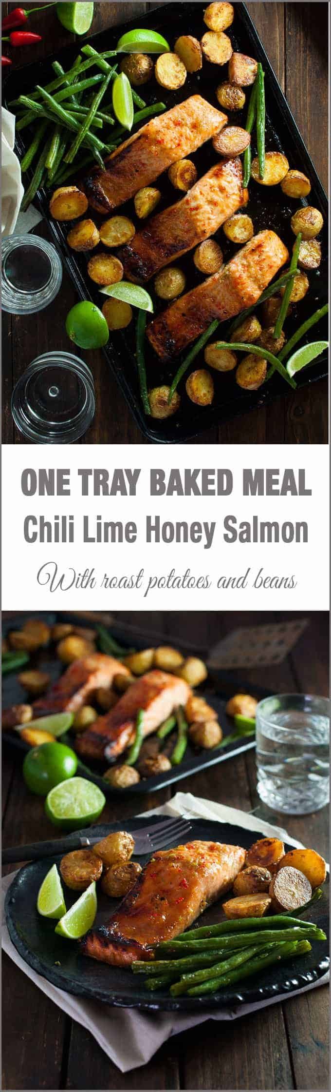 Oven Baked Honey Chili Lime Salmon with Potatoes and Beans (One Tray Meal) - a complete dinner, all made in one tray!