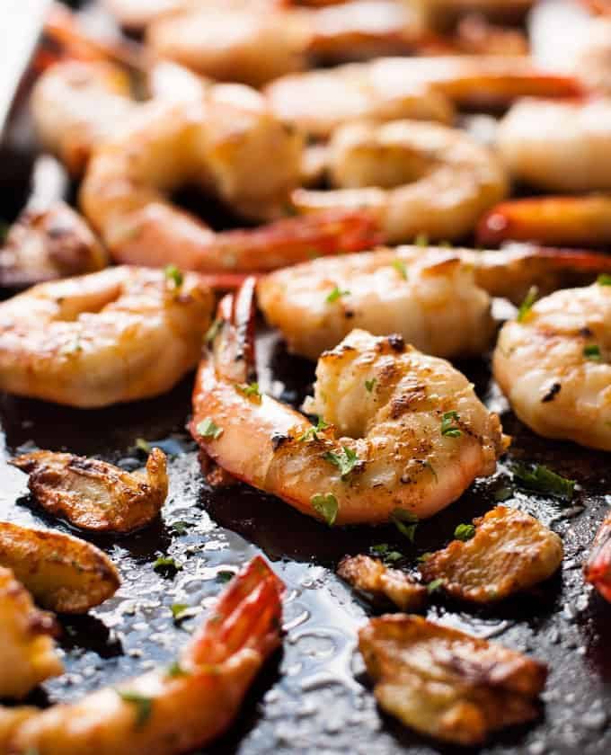 Closeup of Garlic Brown Butter Shrimp (Prawns) in pan