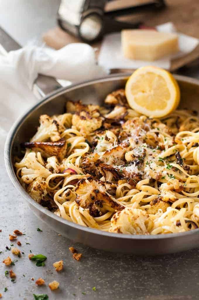 Garlic Butter Cauliflower Pasta with Pangritata toasted breadcrumbs in a skillet, ready to be served.