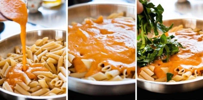 Photo sequence showing steps for making Creamy Sun Dried Tomato Pasta