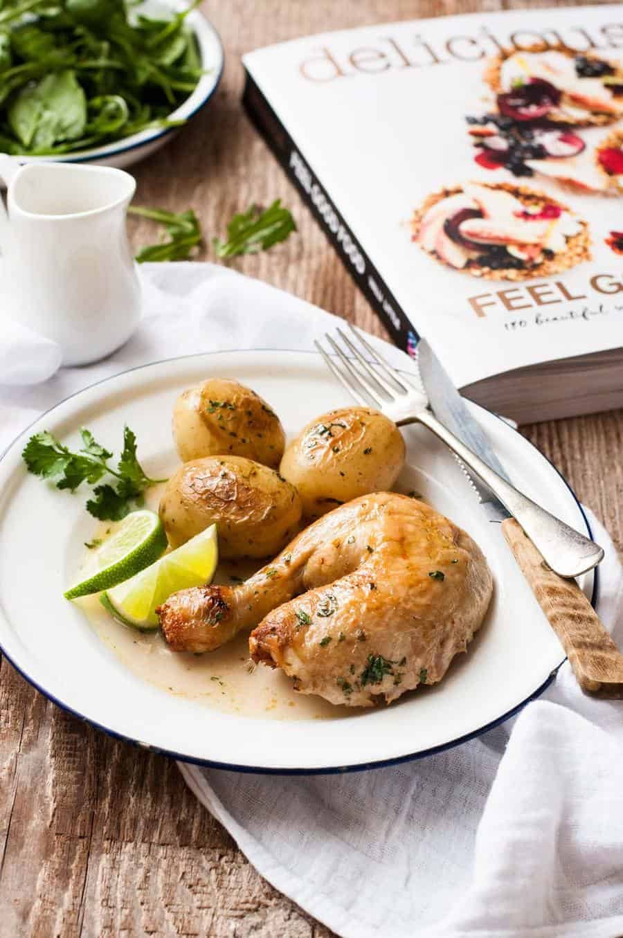 Closeup of pot roasted chicken in fragrant coconut broth
