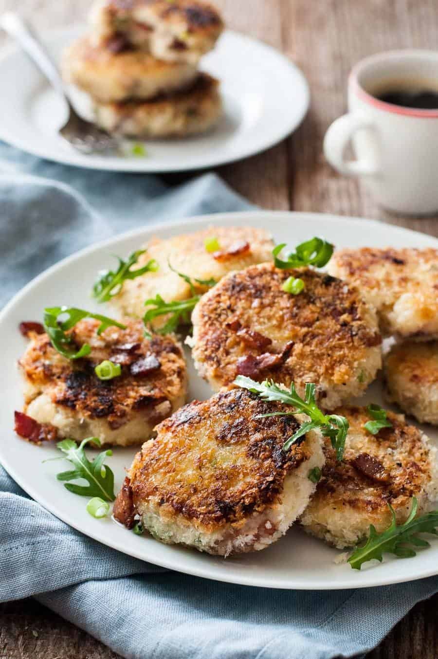 Closeup of Mashed Potato Cakes with Cheese & Bacon