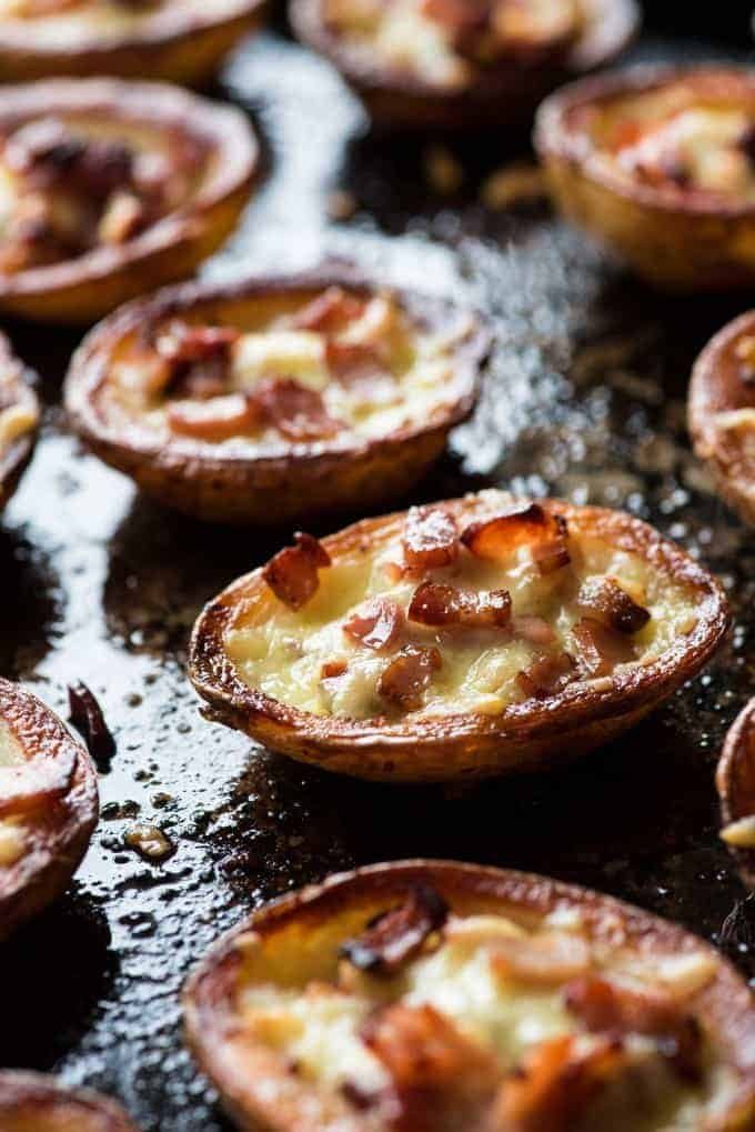 Cheese & Bacon Potato Skins from the oven on a baking tray