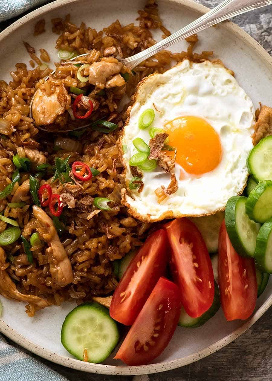 Close up of Nasi Goreng om a plate, ready to be eaten