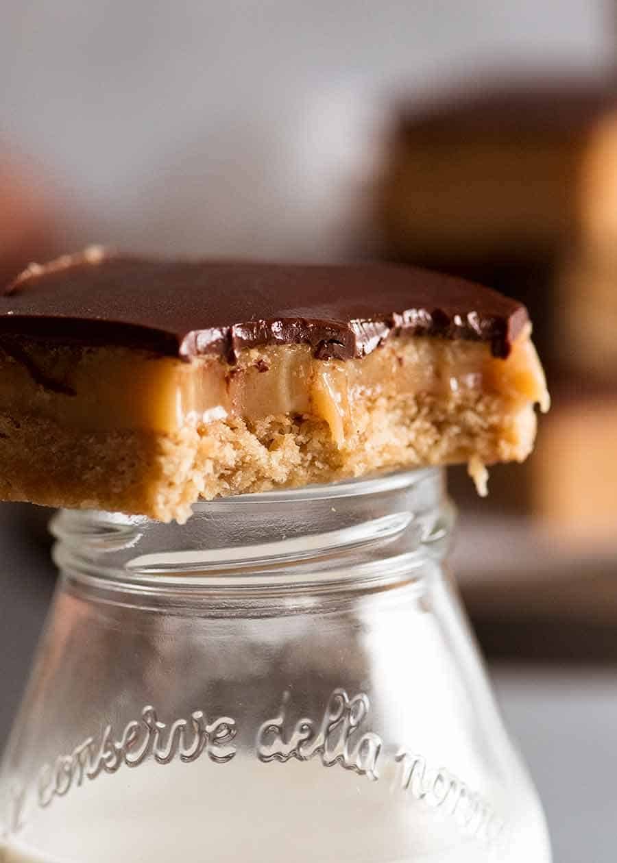 Close up showing inside of Caramel Slice