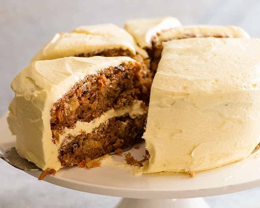Carrot Cake on white cake stand
