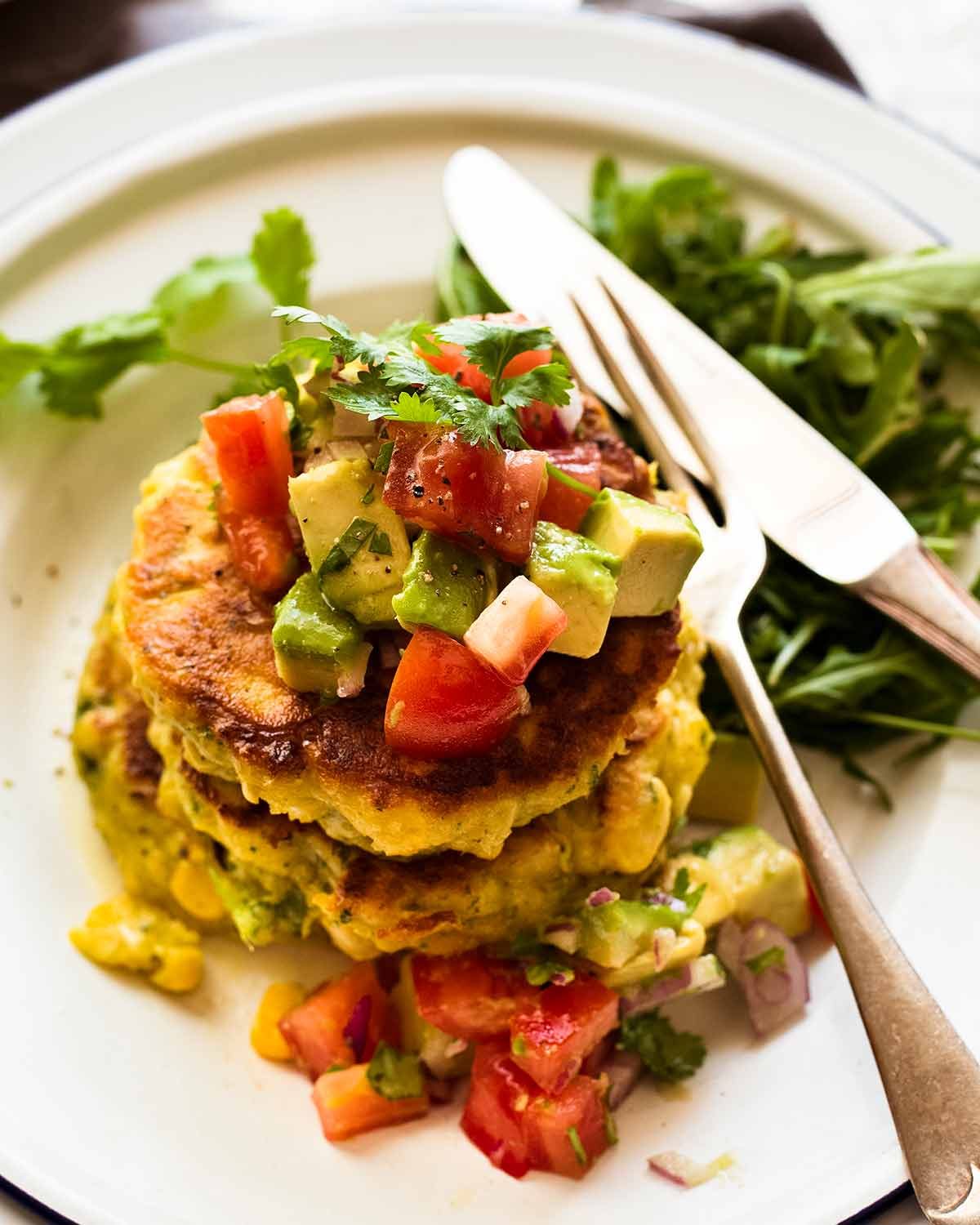 Bill Granger corn fritters with avocado salsa