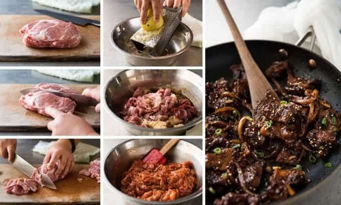 Step by step photos of method for Spicy Korean Pork Stir Fry