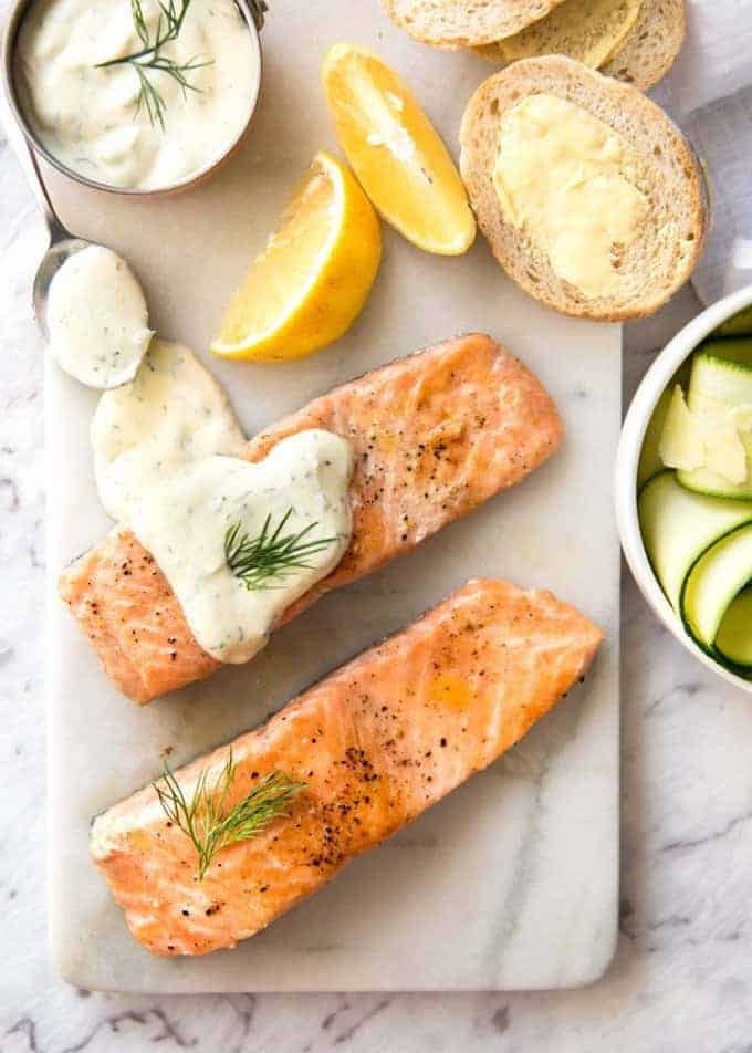 Creamy Dill Sauce for Salmon or Trout - A simple, refreshing sauce that pairs beautifully with rich salmon. Dinner on the table in 15 minutes! www.recipeteineats.com