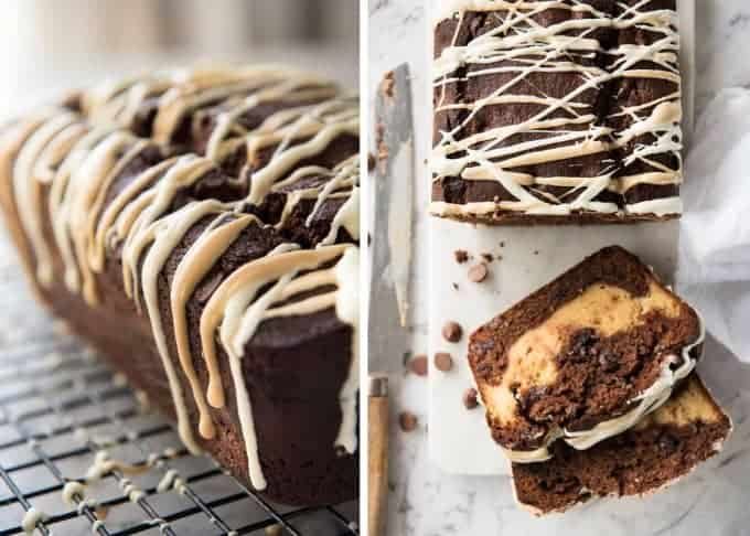 Peanut Butter Cheesecake Stuffed Chocolate Loaf - Moist chocolate quick bread stuffed with creamy peanut butter cheesecake. It's your dream come true! recipetineats.com