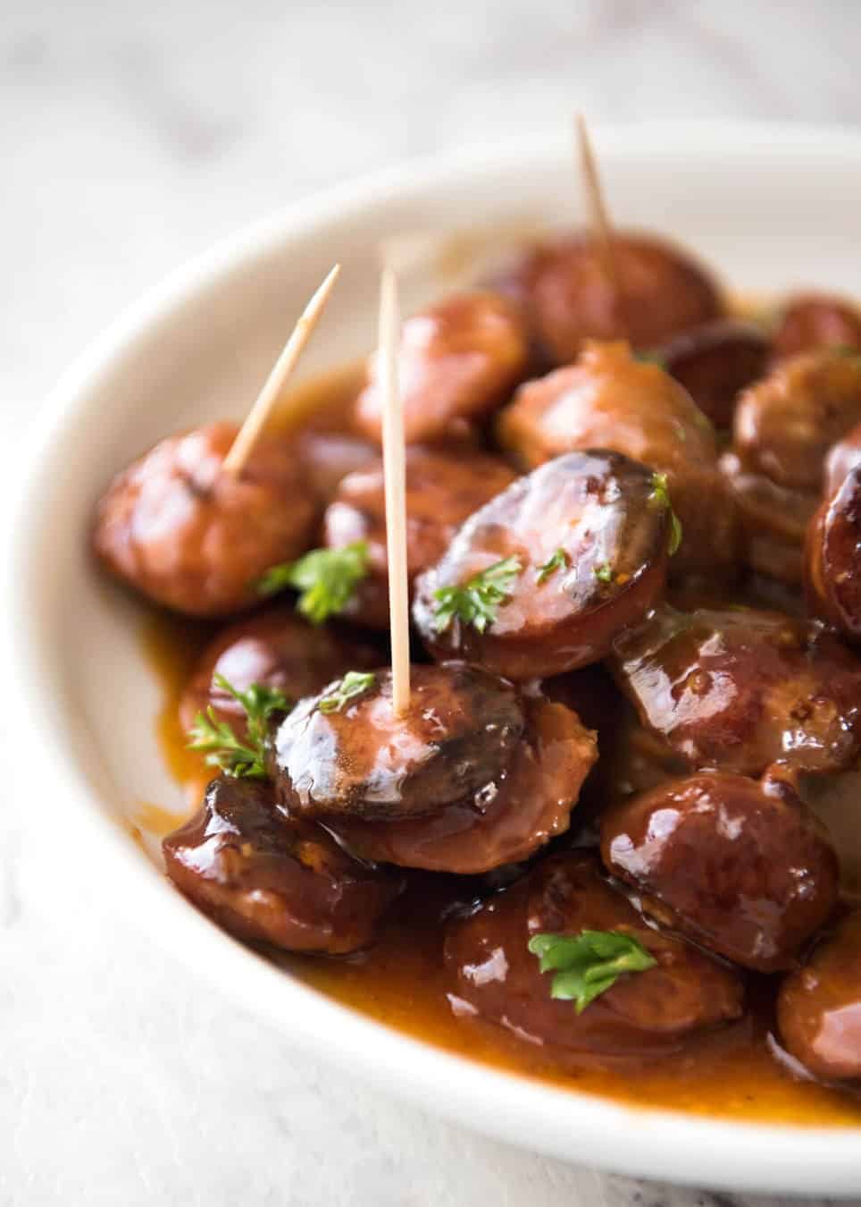 Chorizo Bites in Sweet & Spicy Sauce - these make fantastic finger food for parties and are great for making ahead! recipetineats.com