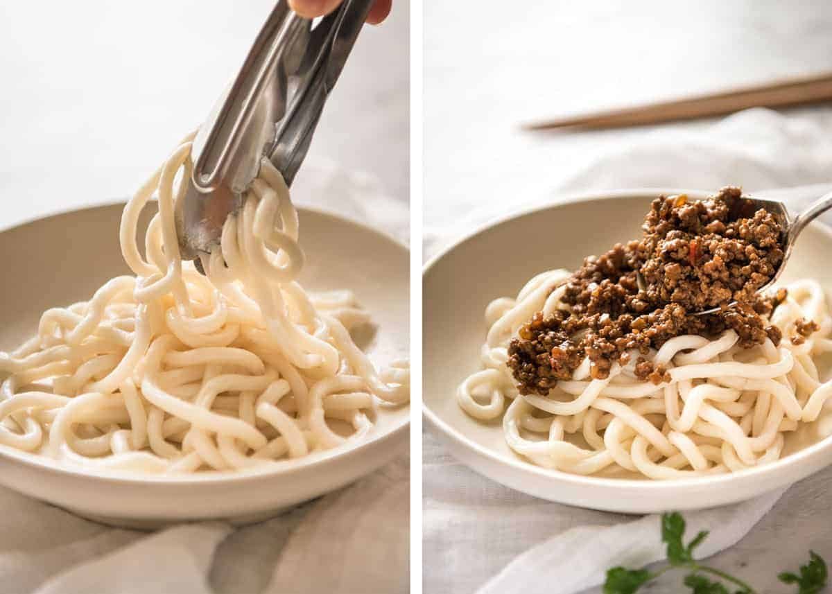 Chinese Pork Mince with Noodles (Zha Jiang Mian) - Super quick and super tasty, affectionally known as "Chinese Bolognese". The pork is savoury with a touch of heat and spice, perfect mixed through noodles! www.recipetineats.com