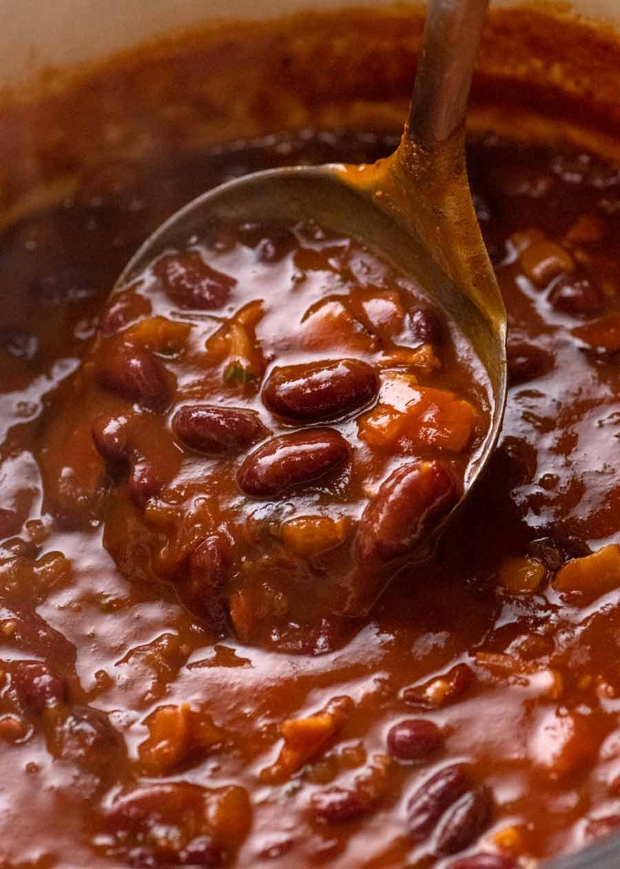 Close up of pot with Southern Baked Beans with Bacon