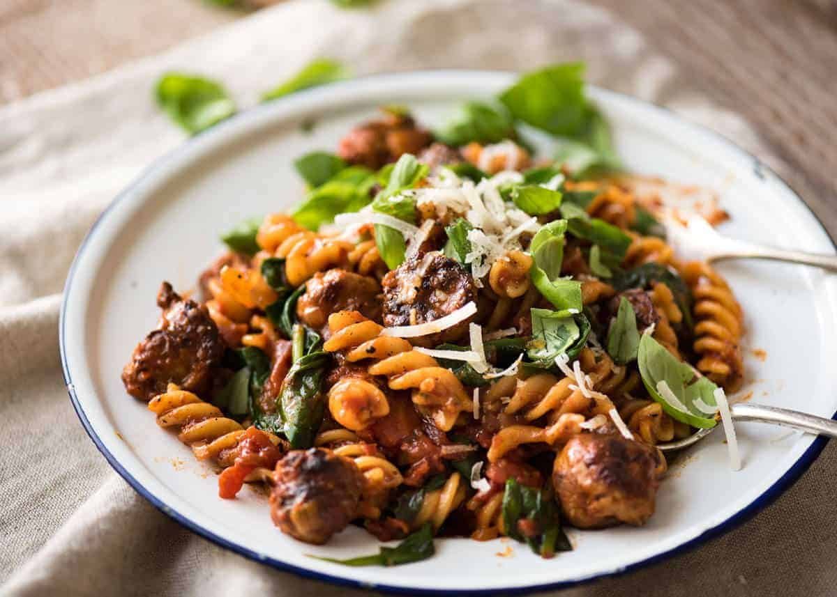 A quick and easy Sausage Pasta made using chopped up Italian sausages that look like meatballs! recipetineats.com