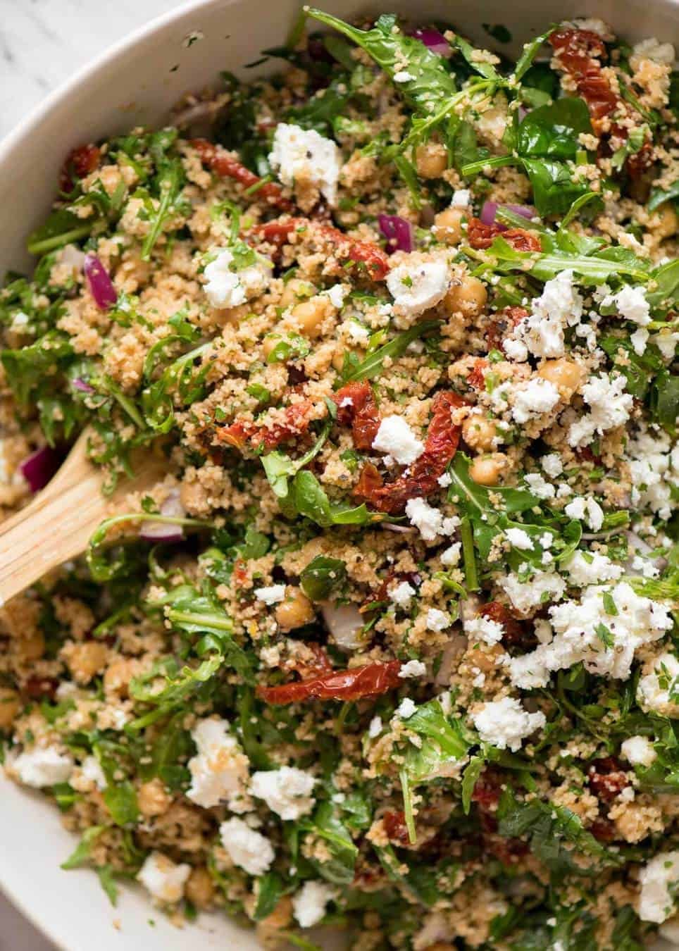 A 12 minute giant no-cook couscous salad with feta and sun dried tomatoes. A terrific side or satisfying lunch - and it keeps well for days!