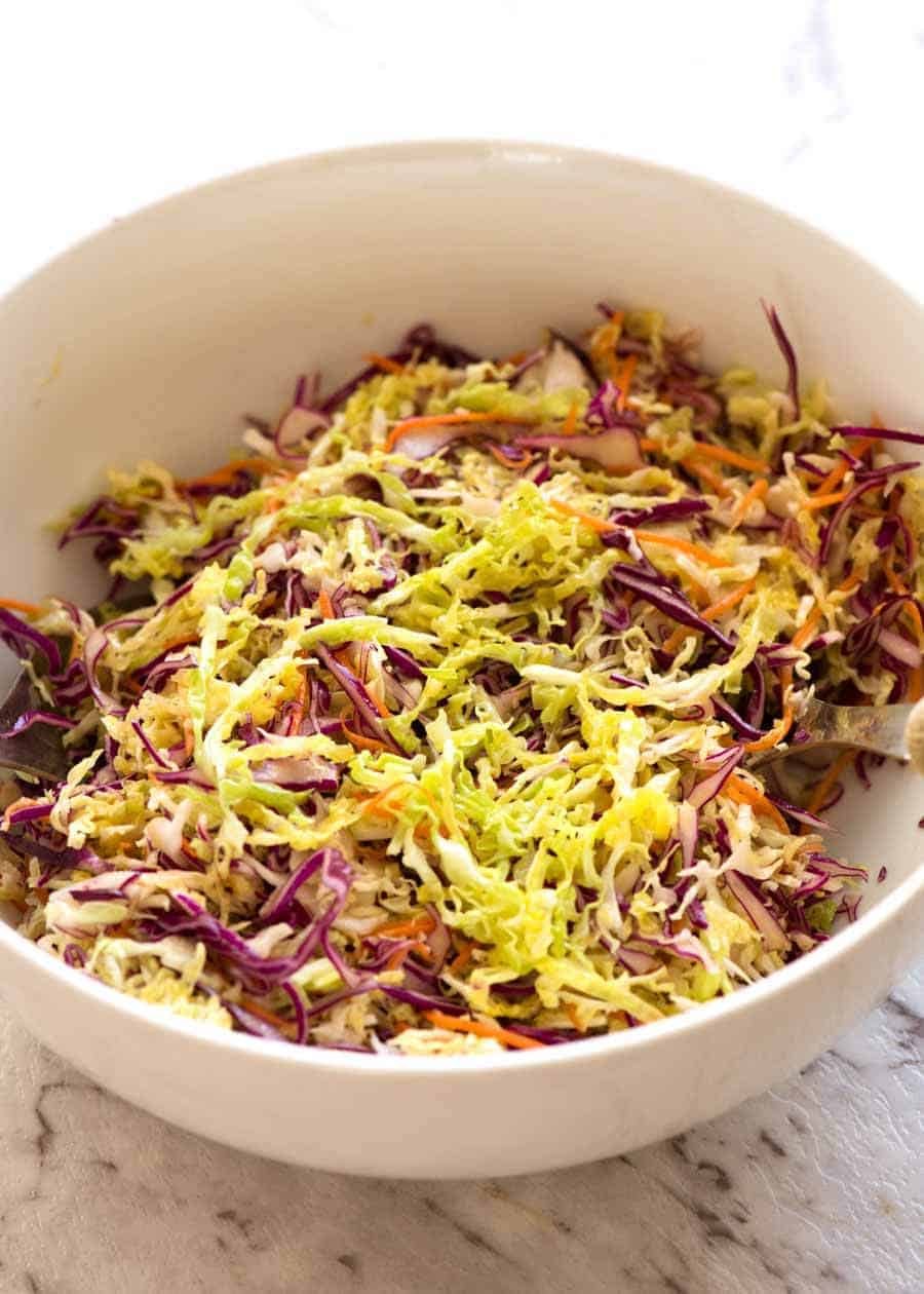 Everyday Cabbage Salad in a white bowl, ready to be served.