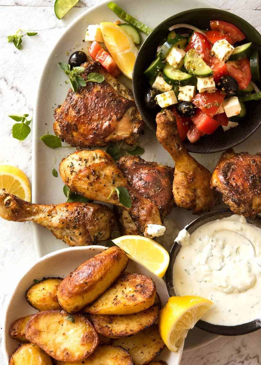 Greek Dinner Feast with Greek Marinated Chicken, Greek Salad, Tzatziki and Greek Lemon Roasted Potatoes
