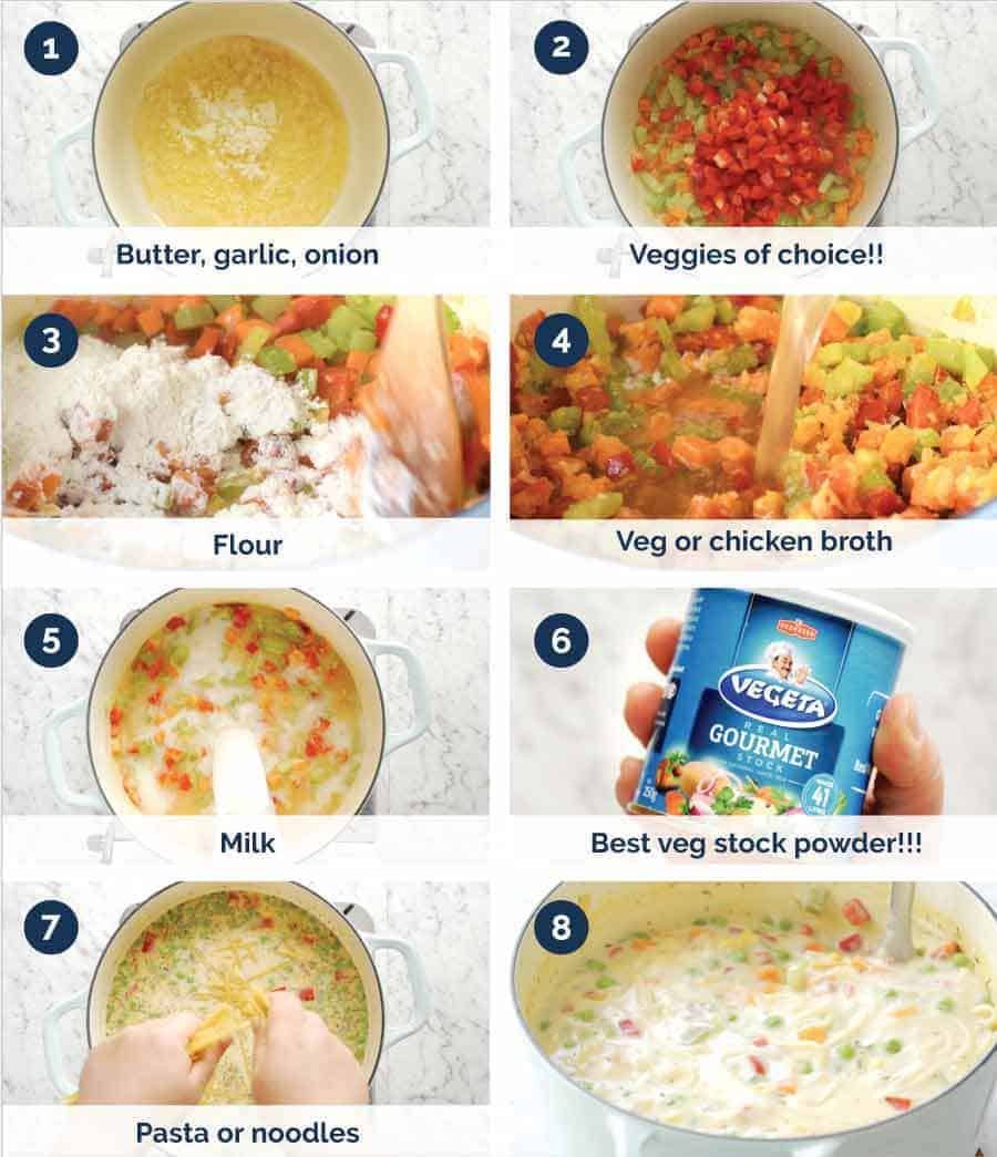 Preparation steps for Cream of Vegetable Soup with Noodles (no cream!)