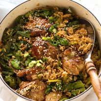 One Pot Chinese Chicken and Rice in a white pot, fresh off the stove ready to be served