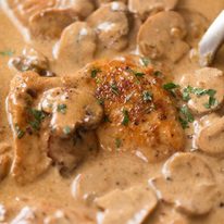 Close up of Chicken Stroganoff - golden seared chicken smothered in a creamy mushroom gravy