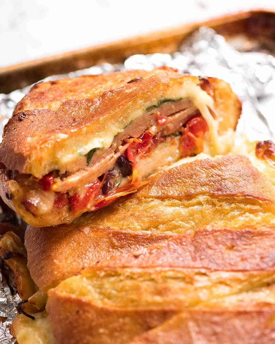 Close up of slice of Bread Bowl Sandwich fresh out of the oven
