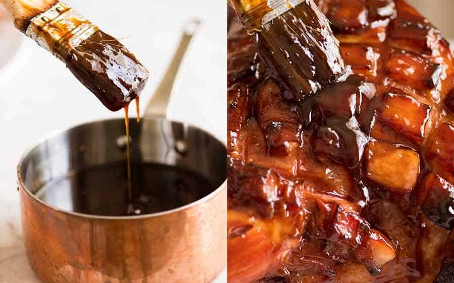 Brown Sugar Ham Glaze in a saucepan and ham being basted