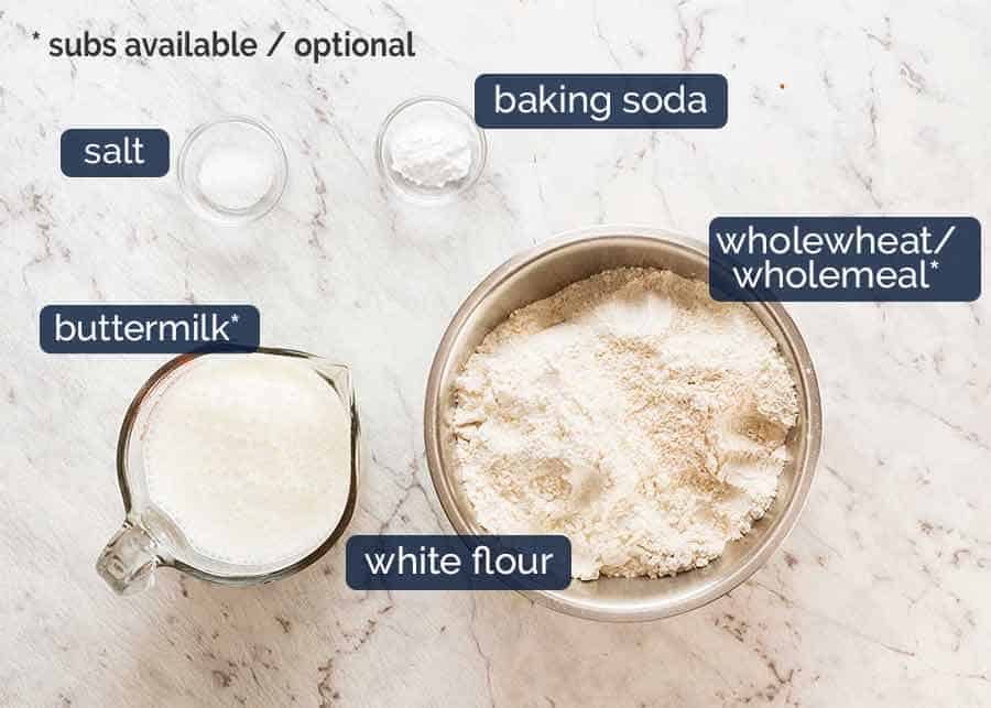 Ingredients in traditional Irish Soda Bread - flour, baking soda, buttermilk and salt (no egg or butter)