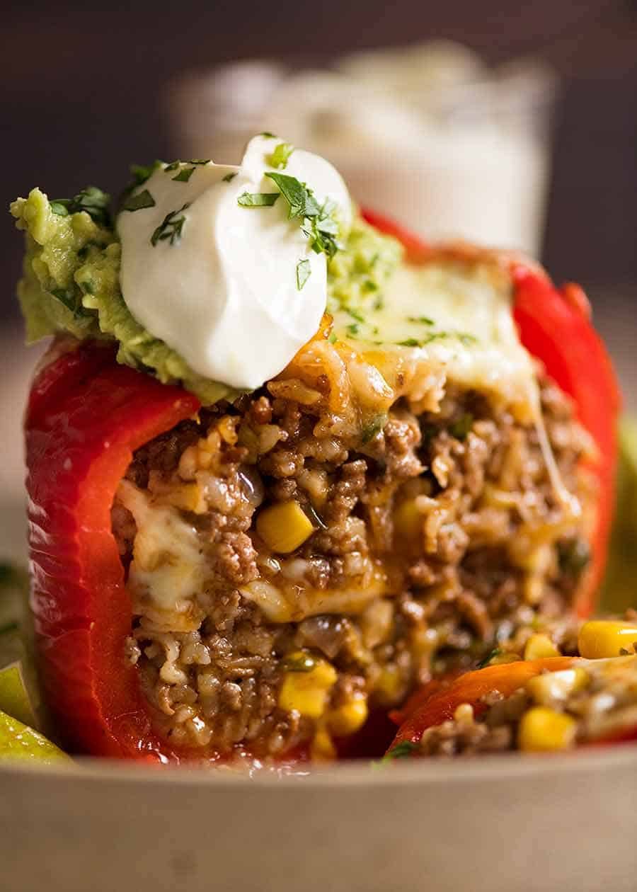 Mexican Stuffed Pepper cut open to reveal Mexican flavoured beef and rice filling