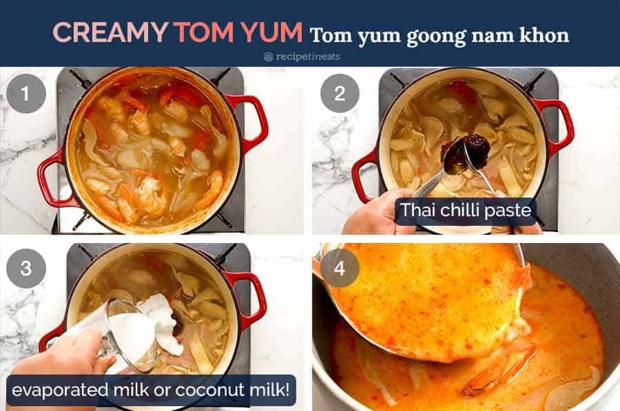 Process steps for how to make creamy Tom Yum Soup