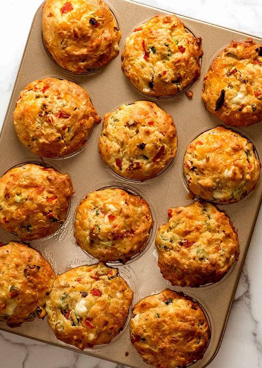 Mediterranean Savoury Muffins - with olives, sun dried tomatoes, feta and roasted peppers