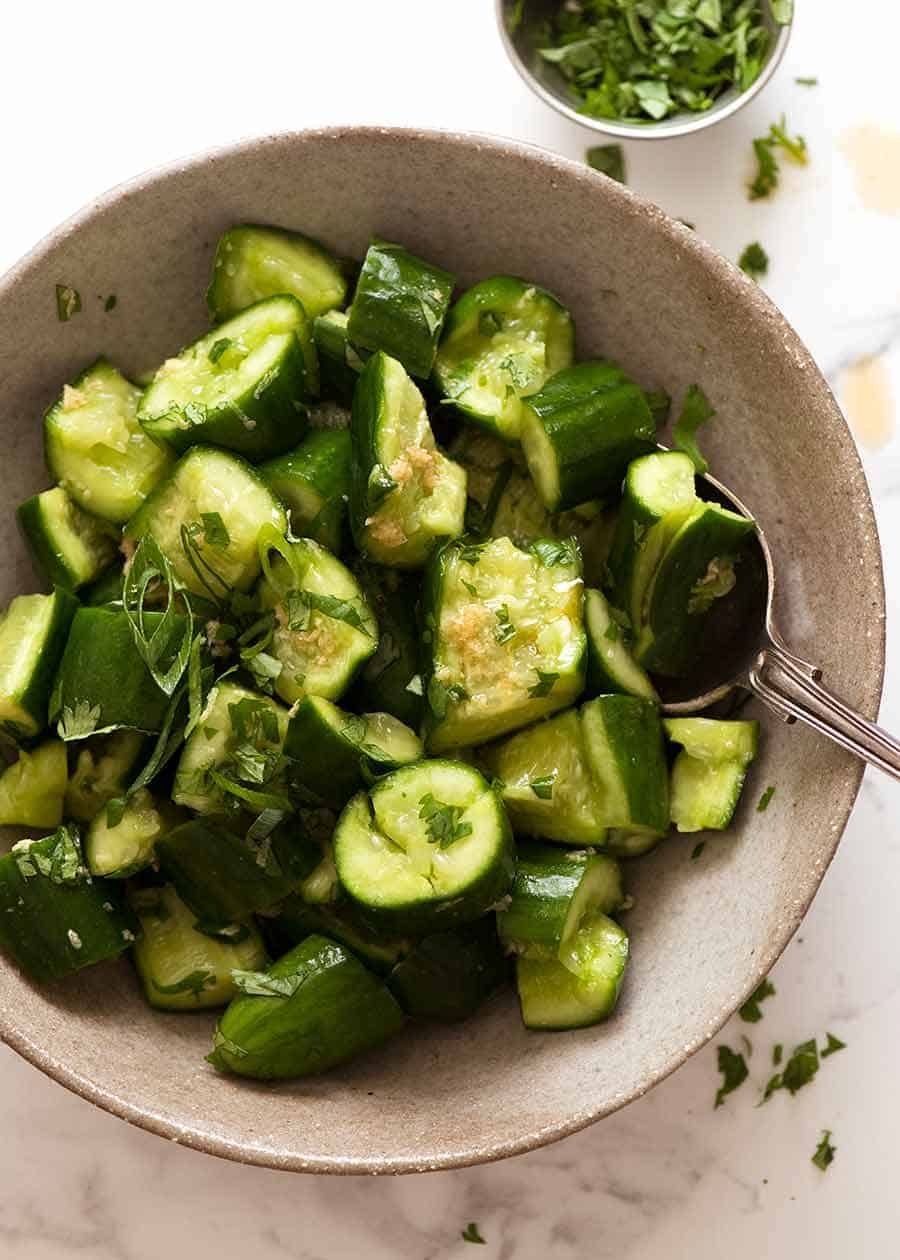 Overhead photo of Asian Smashed Cucumbers in a bowl 