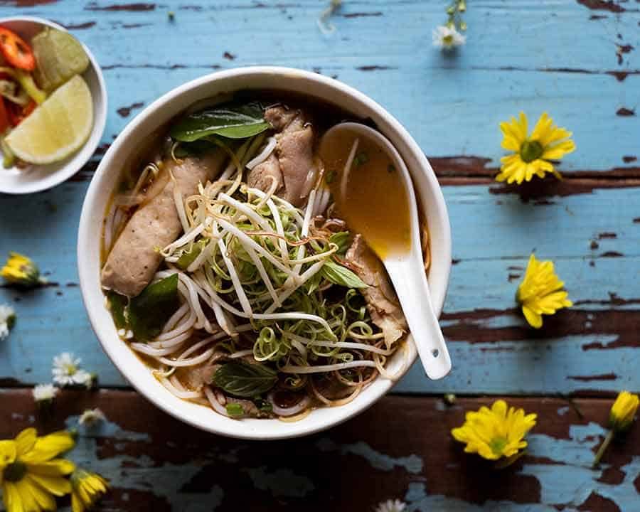 Overhead photo of Vietnamese Spicy Beef Noodle Soup - Bun Bo Hue