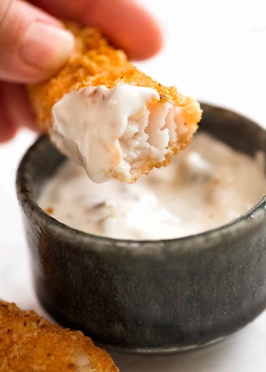 Close up showing the inside of fish fingers