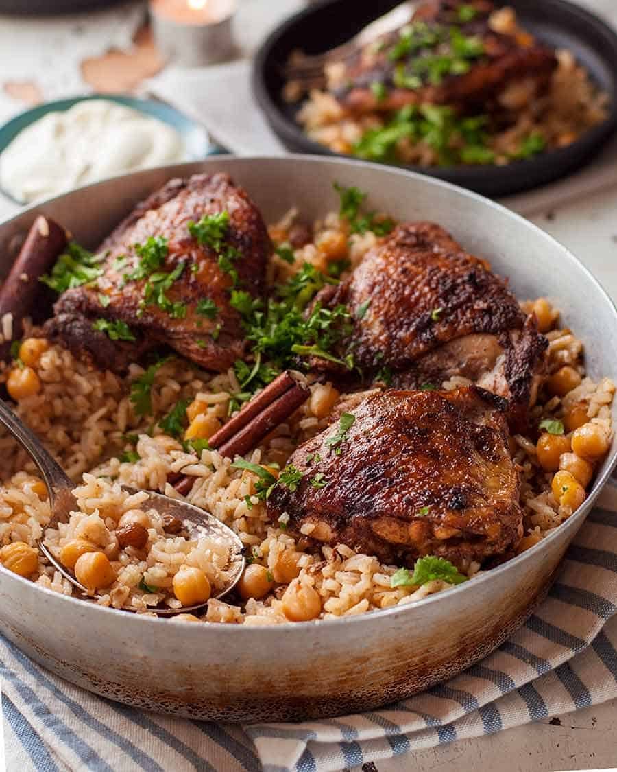 Baked Chicken Shawarma with rice chickpea pilaf read to be served