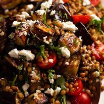 Close up of Roasted Eggplant Lentil Salad