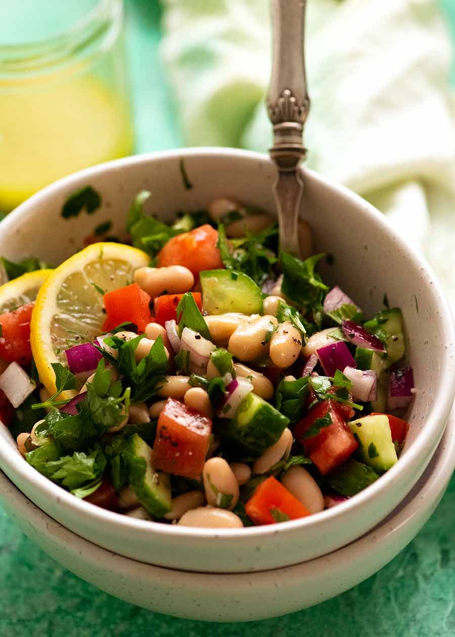 White Bean Tabbouleh Salad in a bowl, served as a light meal