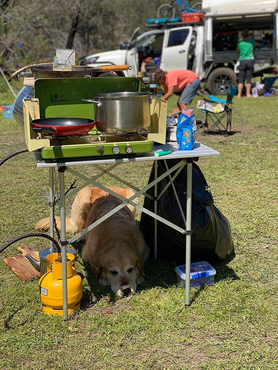 Dozer under table camping