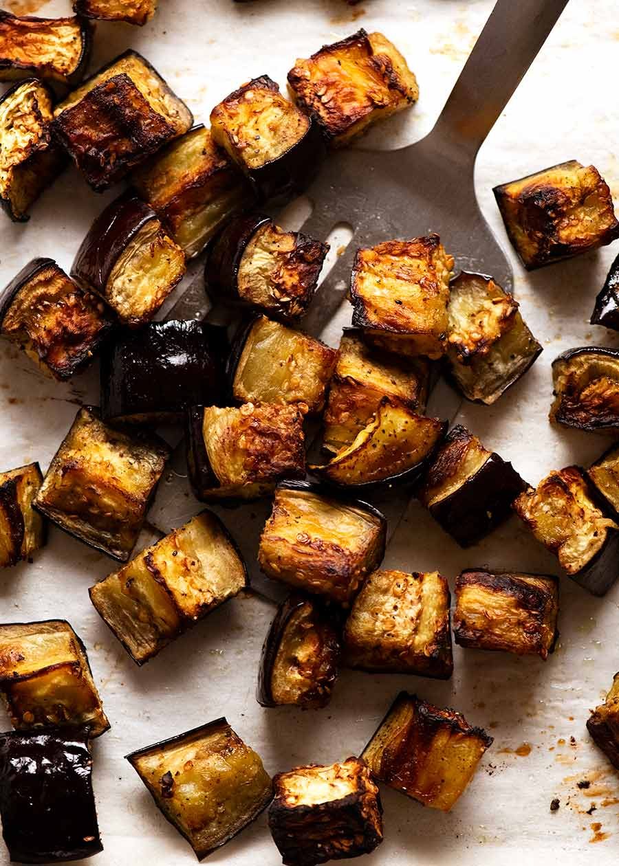 Tray of roasted eggplant for Pasta all Norma - Eggplant Pasta