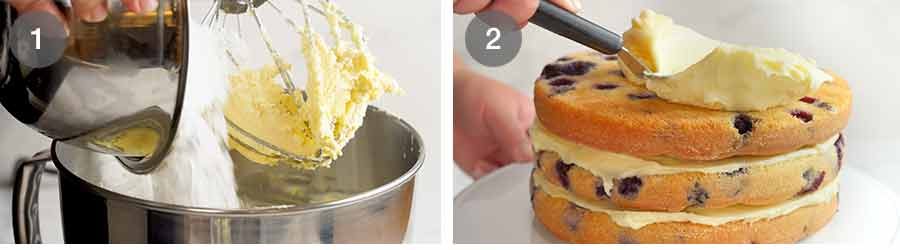 Spreading cream cheese frosting on blueberry layer cake